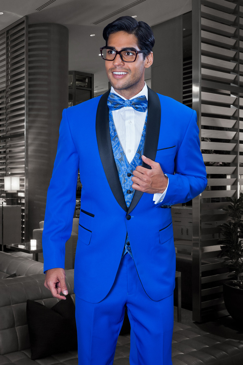CAPRI ROYAL 3PC 1 BUTTON MENS SUIT WITH SATIN COLLAR AND TRIM ON THE POCKET WITH FANCY WOVEN VEST SET 