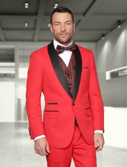 CAPRI RED 3PC 1 BUTTON MENS SUIT WITH SATIN COLLAR AND TRIM ON THE POCKET WITH FANCY WOVEN VEST SET  