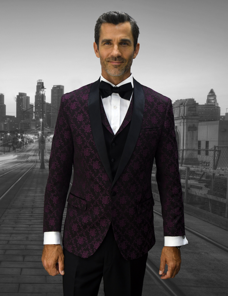 LOOK-8 CLASSIC 3PC 1 BUTTON MENS BURGUNDY SUIT, MODERN FIT, FLAT FRONT SOLID WOOL PANTS  SUPER 150'S