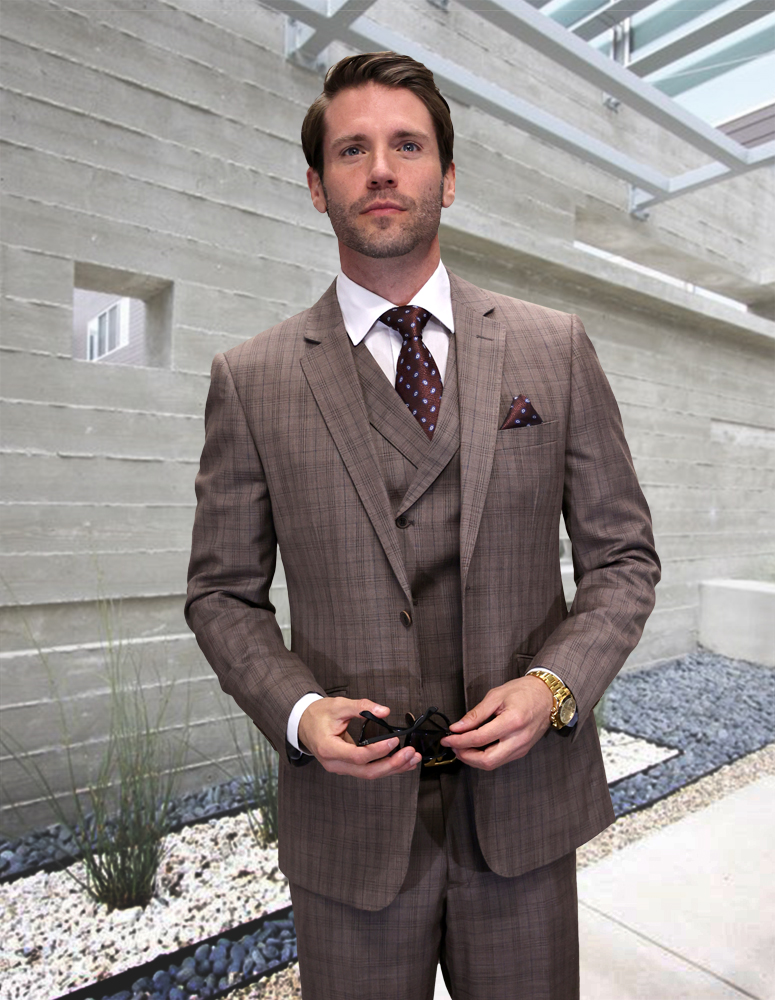 3PC PLAID SUIT WITH  DOUBLE BREASTED VEST. SUPER 200'S ITALIAN WOOL AND CASHMERE FABRIC. MODERN FIT FLAT FRONT PANTS