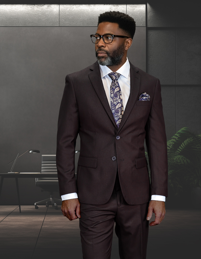 STATEMENT 2PC ITALIAN WOOL SUIT. SUPER 200'S MODERN FIT. FLAT FRONT PANTS