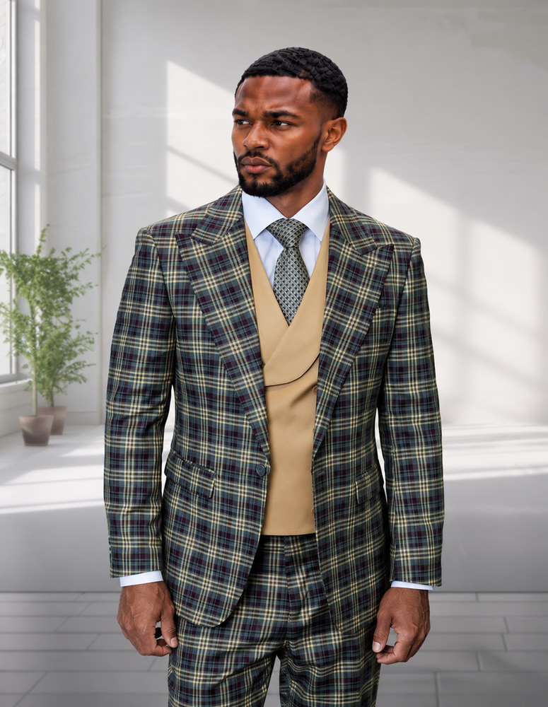 3PC PLAID SUIT WITH SOLID COLOR CONTRAST DOUBLE BREASTED VEST. SUPER 200'S ITALIAN WOOL AND CASHMERE FABRIC. MODERN FIT FLAT FRONT PANTS