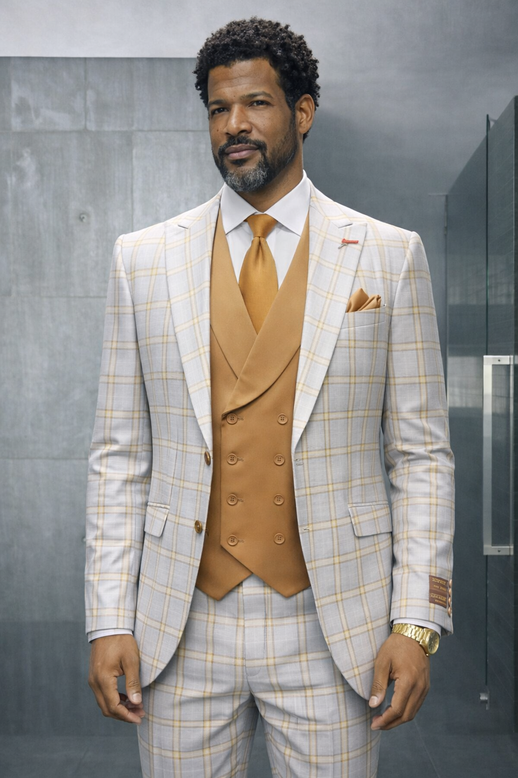 3PC PLAID SUIT WITH SOLID COLOR CONTRAST DOUBLE BREASTED VEST. SUPER 200'S ITALIAN WOOL AND CASHMERE FABRIC. MODERN FIT FLAT FRONT PANTS