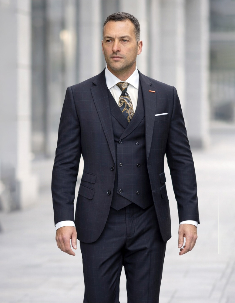  STATEMENT 3PC PLAID SUIT SUPER 200'S ITALIAN WOOL AND CASHMERE. MODERN FIT FLAT FRONT PANTS