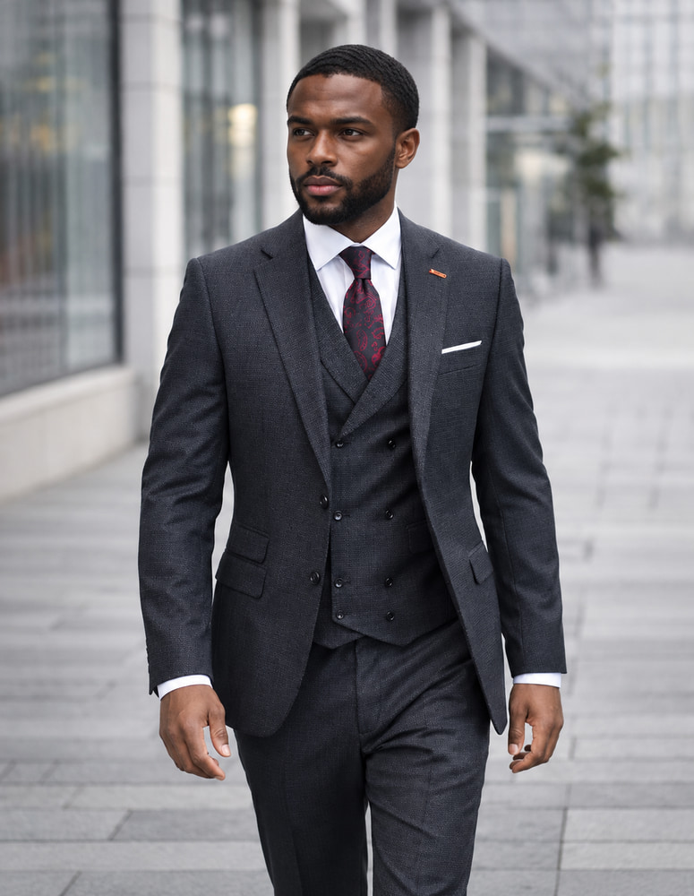  STATEMENT 3PC SUIT SUPER 200'S ITALIAN WOOL AND CASHMERE. MODERN FIT FLAT FRONT PANTS