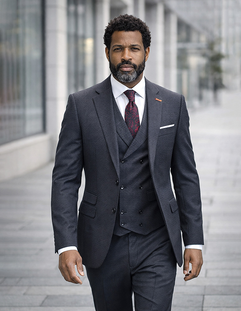  STATEMENT 3PC SUIT SUPER 200'S ITALIAN WOOL AND CASHMERE. MODERN FIT FLAT FRONT PANTS