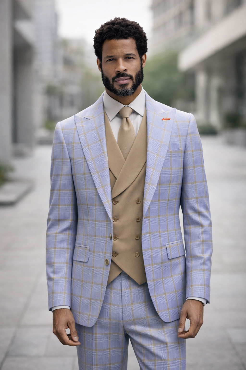 3PC PLAID SUIT WITH SOLID COLOR CONTRAST DOUBLE BREASTED VEST. SUPER 200'S ITALIAN WOOL AND CASHMERE FABRIC. MODERN FIT FLAT FRONT PANTS 