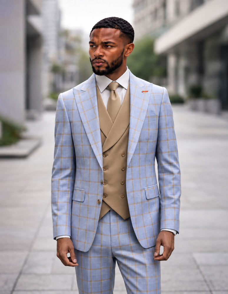 3PC PLAID SUIT WITH SOLID COLOR CONTRAST DOUBLE BREASTED VEST. SUPER 200'S ITALIAN WOOL AND CASHMERE FABRIC. MODERN FIT FLAT FRONT PANTS 