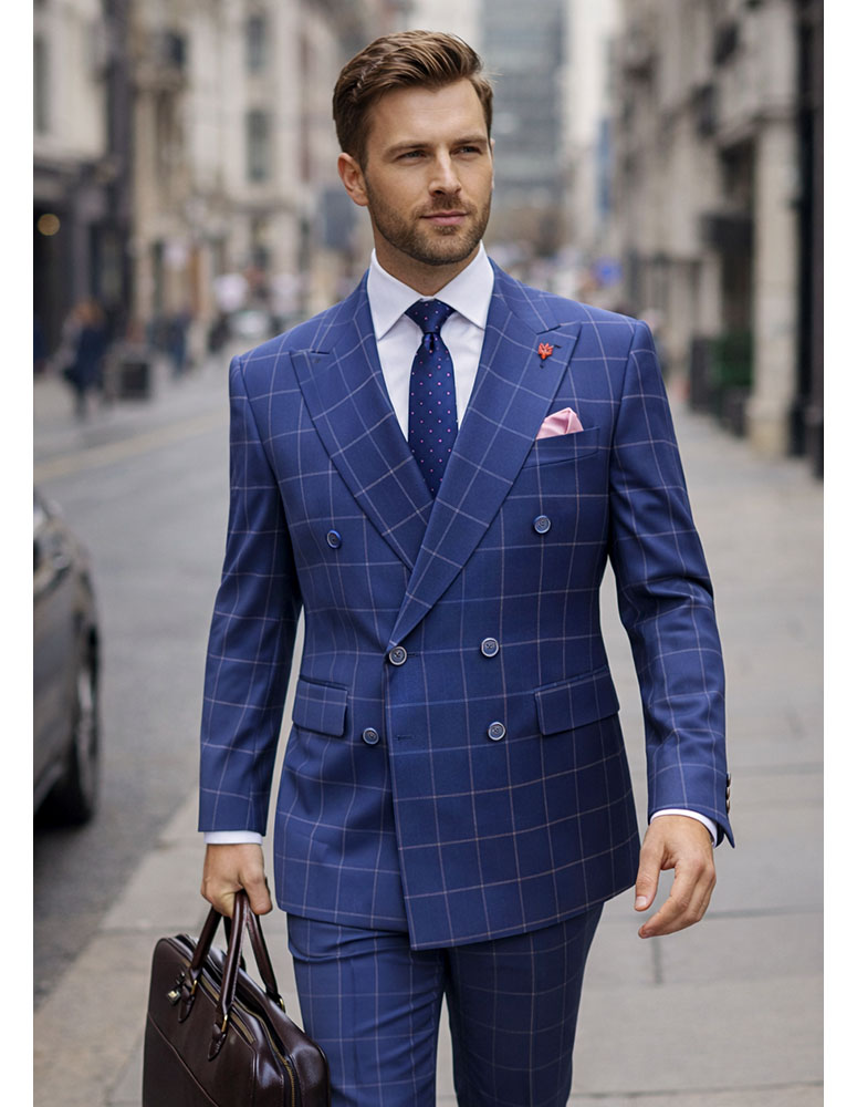 STATEMENT 2PC PLAID DOUBLE BREASTED SUIT. ITALIAN WOOL FABRIC