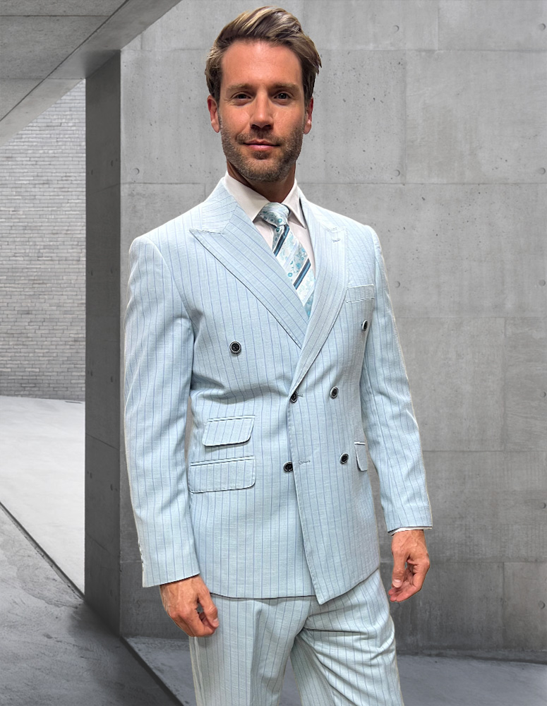 2PC DOUBLE BREASTED PINSTRIPE SUIT. SUPER 200'S EXTRA FINE ITALIAN WOOL FABRIC HAND MADE 