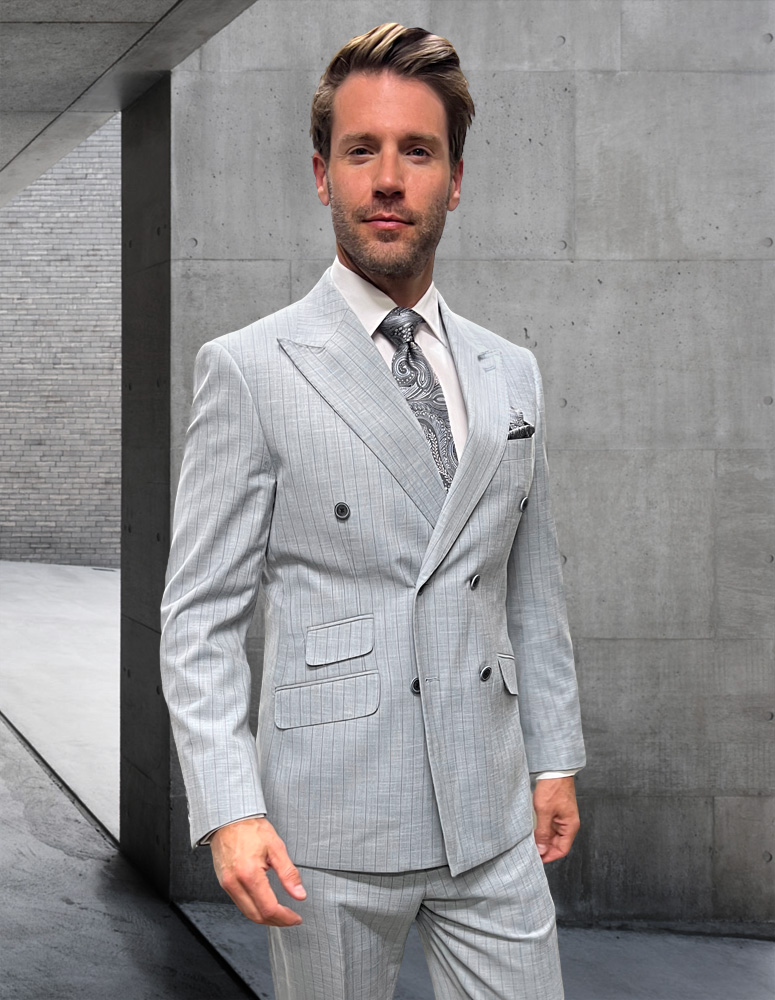 2PC DOUBLE BREASTED PINSTRIPE SUIT. SUPER 200'S EXTRA FINE ITALIAN WOOL FABRIC HAND MADE 