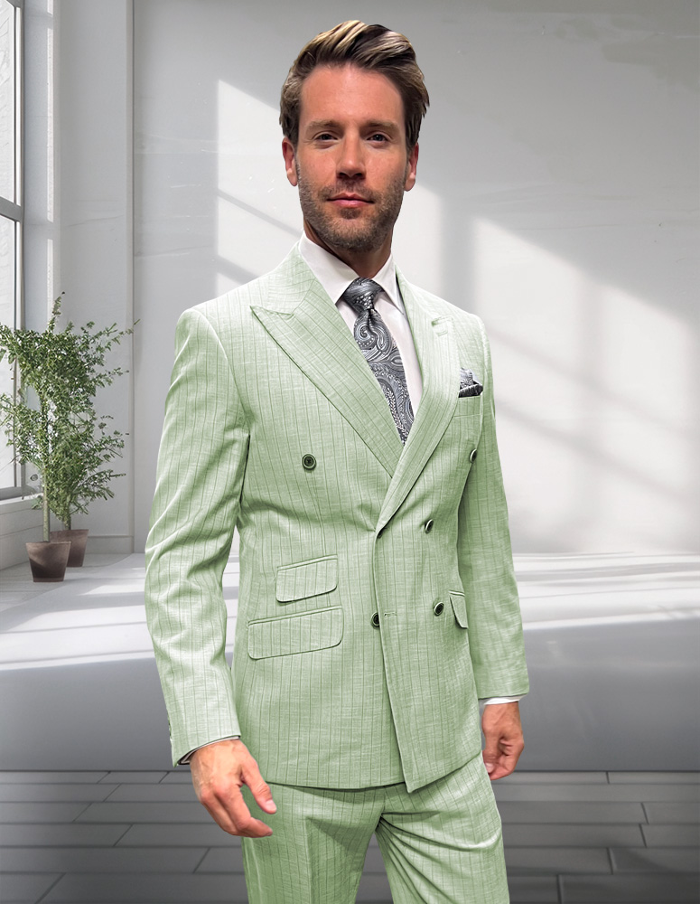 2PC DOUBLE BREASTED PINSTRIPE SUIT. SUPER 200'S EXTRA FINE ITALIAN WOOL FABRIC HAND MADE 