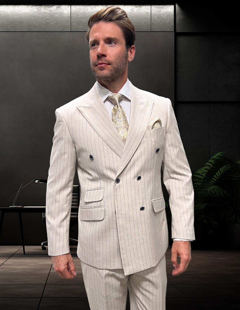 2PC DOUBLE BREASTED PINSTRIPE SUIT. SUPER 200'S EXTRA FINE ITALIAN WOOL FABRIC HAND MADE