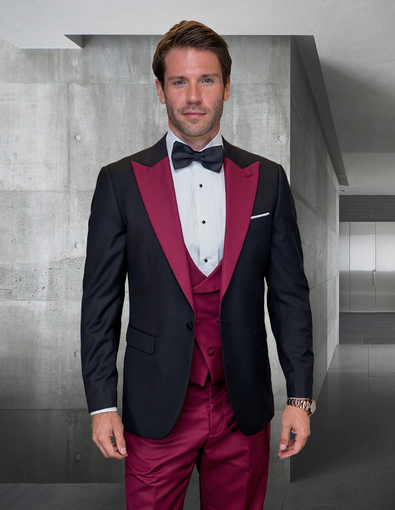 STATEMENT ARYA BURGUNDY 3PC TAILORED FIT TUXEDO SUIT WITH FLAT FRONT PANTS INCLUDING MATCHING BOW TIE    