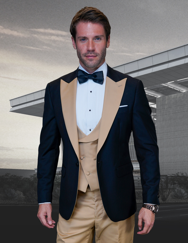 STATEMENT ARYA CHAMPAGNE 3PC TAILORED FIT TUXEDO SUIT WITH FLAT FRONT PANTS INCLUDING MATCHING BOW TIE    