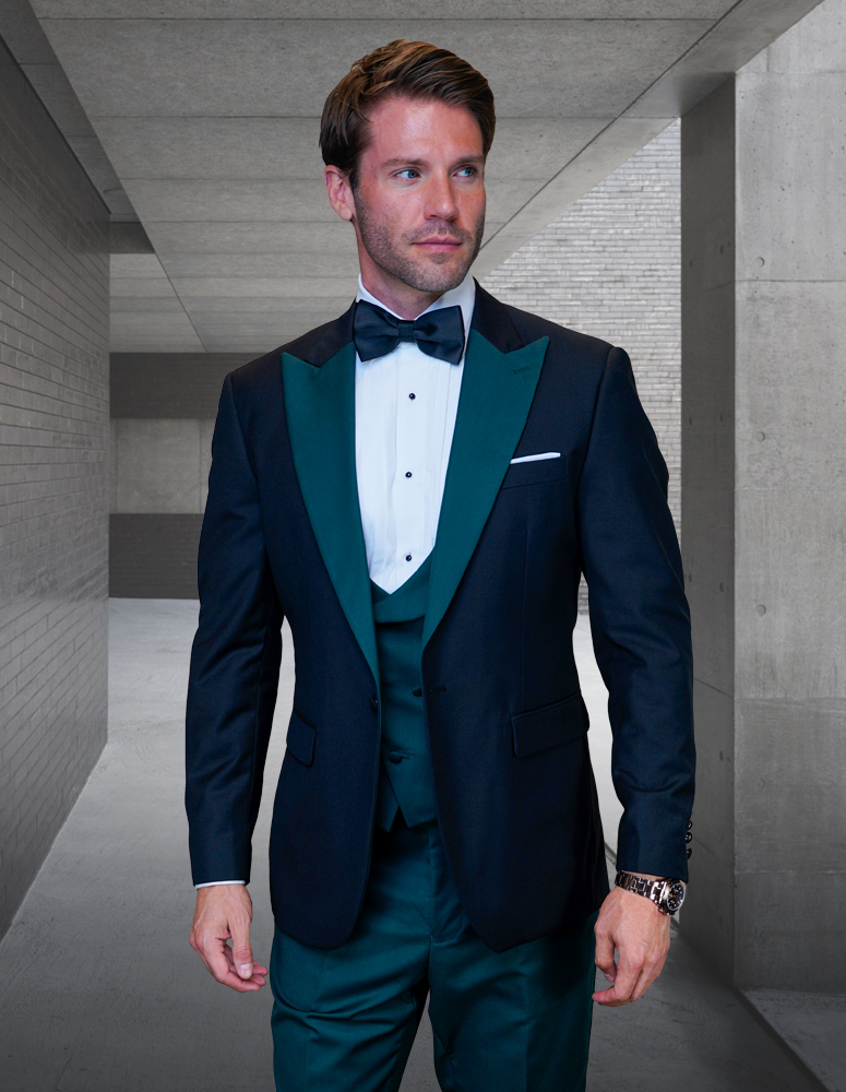 STATEMENT ARYA HUNTER 3PC TAILORED FIT TUXEDO SUIT WITH FLAT FRONT PANTS INCLUDING MATCHING BOW TIE    