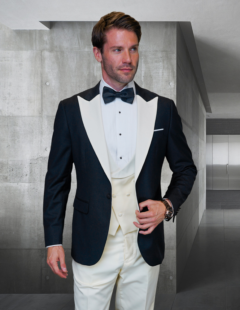 STATEMENT ARYA IVORY 3PC TAILORED FIT TUXEDO SUIT WITH FLAT FRONT PANTS INCLUDING MATCHING BOW TIE   