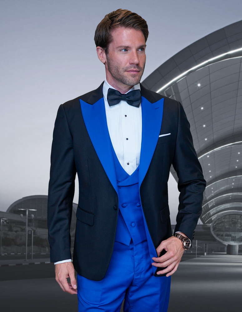 STATEMENT ARYA ROYAL 3PC TAILORED FIT TUXEDO SUIT WITH FLAT FRONT PANTS INCLUDING MATCHING BOW TIE    