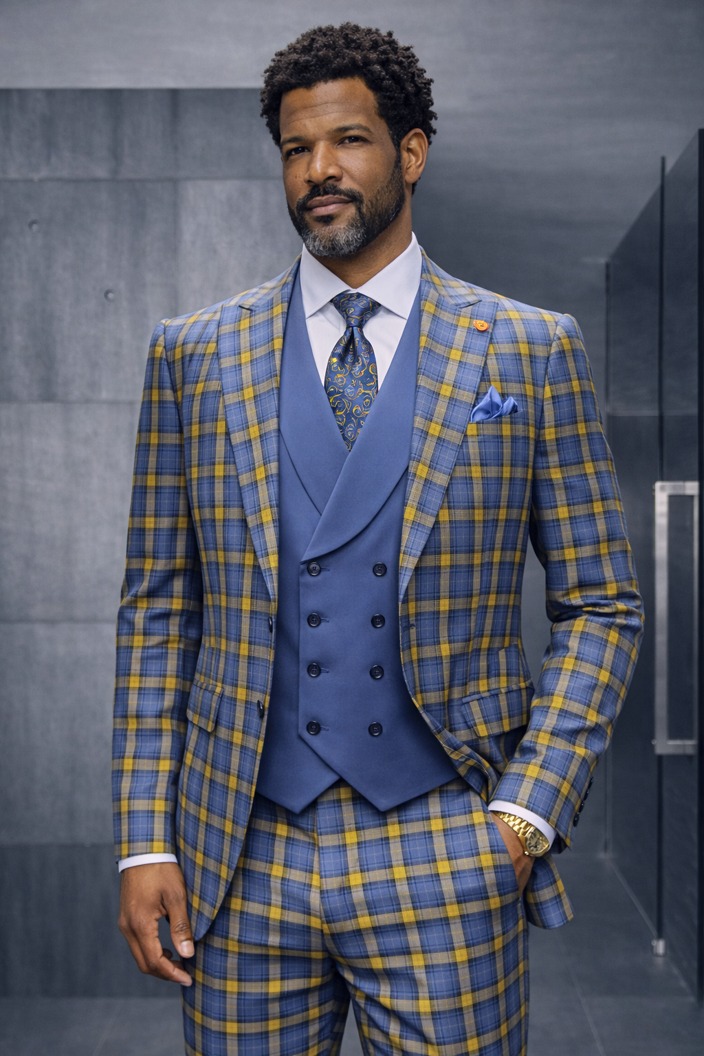 3PC PLAID SUIT WITH SOLID COLOR CONTRAST DOUBLE BREASTED VEST. SUPER 200'S ITALIAN WOOL AND CASHMERE FABRIC. MODERN FIT FLAT FRONT PANTS