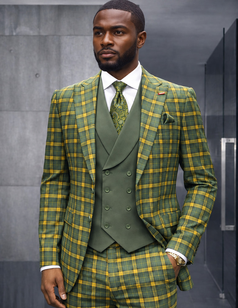 3PC PLAID SUIT WITH SOLID COLOR CONTRAST DOUBLE BREASTED VEST. SUPER 200'S ITALIAN WOOL AND CASHMERE FABRIC. MODERN FIT FLAT FRONT PANTS