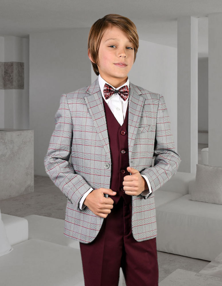 Magen Boys gray suit 5 pcs set coat,vest,pant,shirt,clip tie BS-9018 Size 1-18