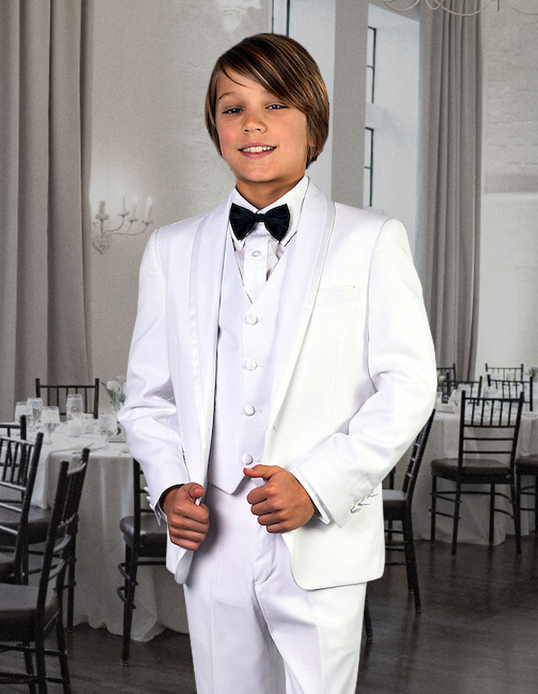 B-GENOVA WHITE 5PC TUXEDO BOY SUIT INCLUDING SHIRT AND BOW TIE 