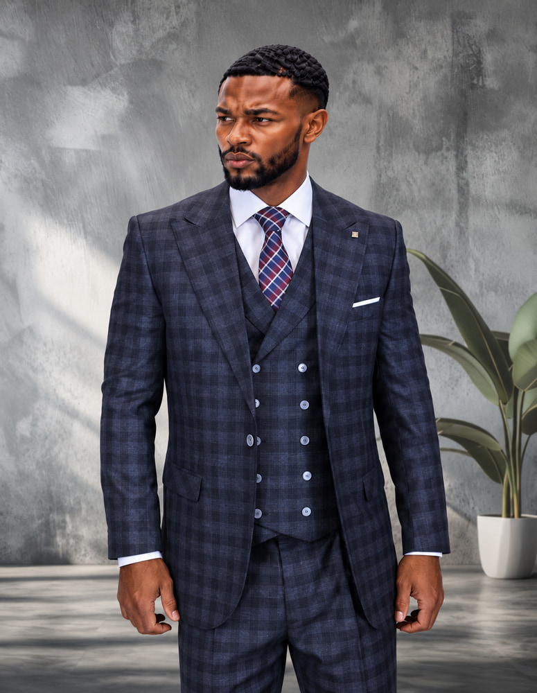 STATEMENT BALANCIGA BLACK CLASSIC WIDE LEG 3PC 1 BUTTON PLAID SUIT WITH DOUBLE BREASTED VEST SUPER 200'S EXTRA FINE ITALIAN FABRIC 