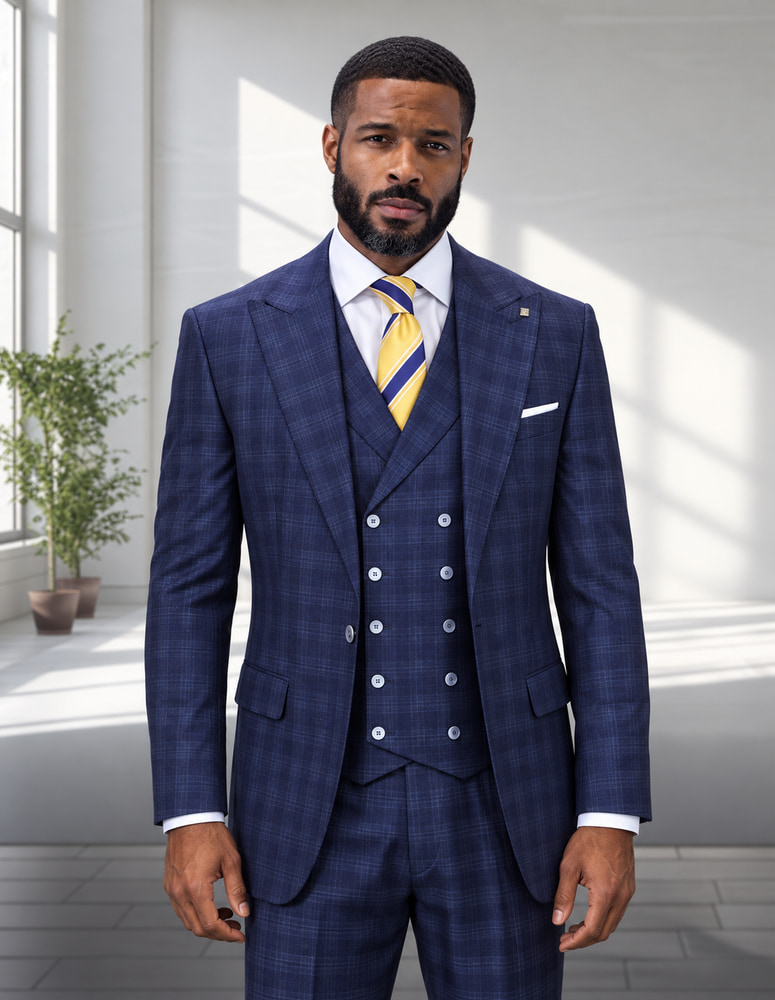 STATEMENT BALANCIGA NAVY CLASSIC WIDE LEG 3PC 1 BUTTON PLAID SUIT WITH DOUBLE BREASTED VEST SUPER 200'S EXTRA FINE ITALIAN FABRIC 