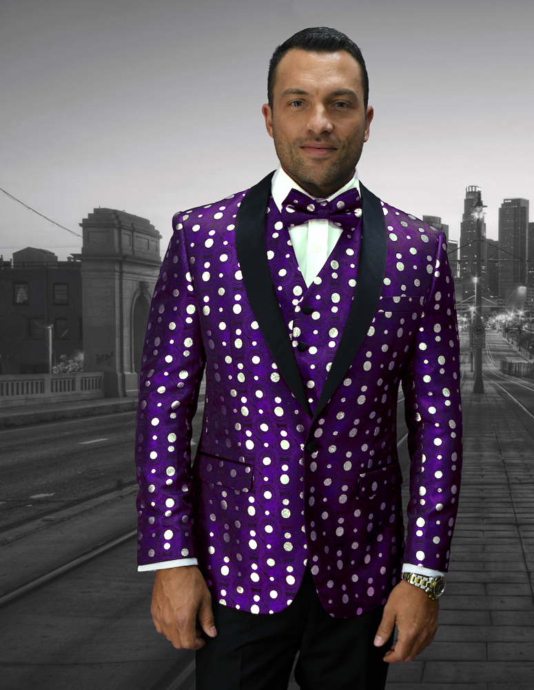 STATEMENT BELLAGIO-13 TAILORED 3PC 1 BUTTON MENS PURPLE TUXEDO WITH SHAWL LAPEL SUPER 150'S EXTRA FINE ITALIAN FABRIC   