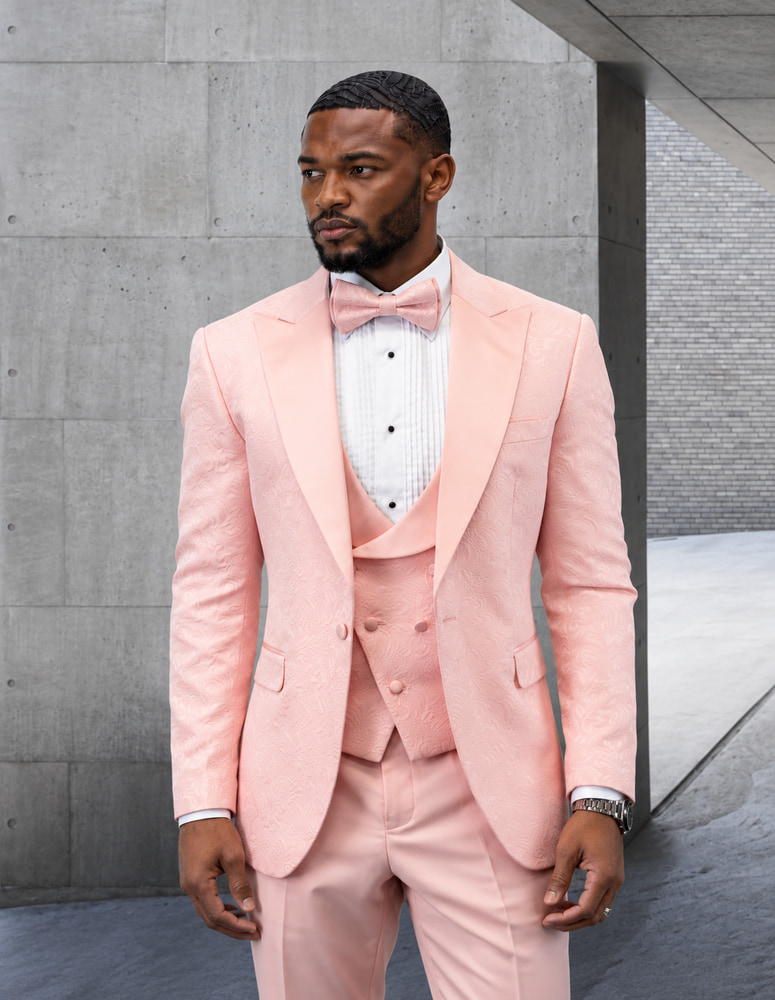 STATEMENT BELLAGIO-15 3PC TAILORED FIT 1 BUTTON MENS BLUSH TUXEDO PEAK LAPEL SUPER 150'S EXTRA FINE ITALIAN FABRIC INCLUDING BOW TIE      