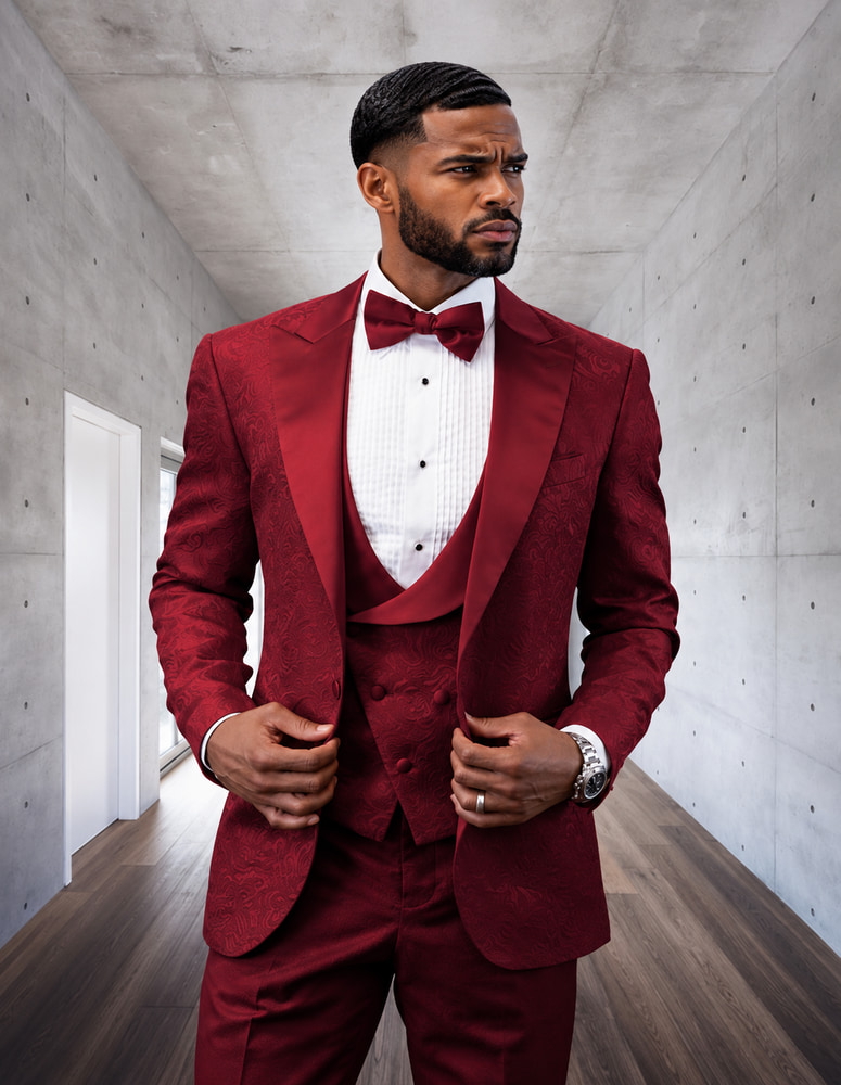 STATEMENT BELLAGIO-15 3PC TAILORED FIT 1 BUTTON MENS BURGUNDY TUXEDO PEAK LAPEL SUPER 150'S EXTRA FINE ITALIAN FABRIC INCLUDING BOW TIE   