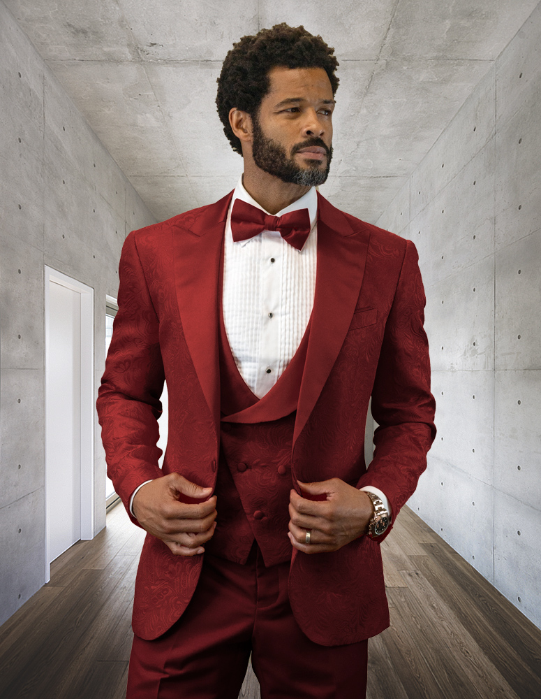 STATEMENT BELLAGIO-15 3PC TAILORED FIT 1 BUTTON MENS BURGUNDY TUXEDO PEAK LAPEL SUPER 150'S EXTRA FINE ITALIAN FABRIC INCLUDING BOW TIE   