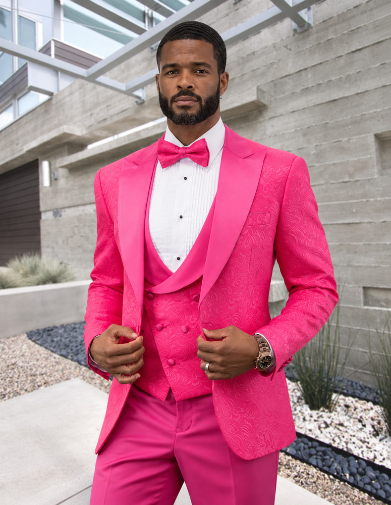 STATEMENT BELLAGIO-15 3PC TAILORED FIT 1 BUTTON MENS HOT PINK TUXEDO PEAK LAPEL SUPER 150'S EXTRA FINE ITALIAN FABRIC INCLUDING BOW TIE    