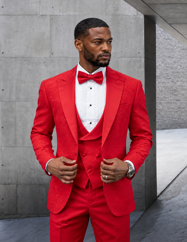 STATEMENT BELLAGIO-15 3PC TAILORED FIT 1 BUTTON MENS RED TUXEDO PEAK LAPEL SUPER 150'S EXTRA FINE ITALIAN FABRIC INCLUDING BOW TIE