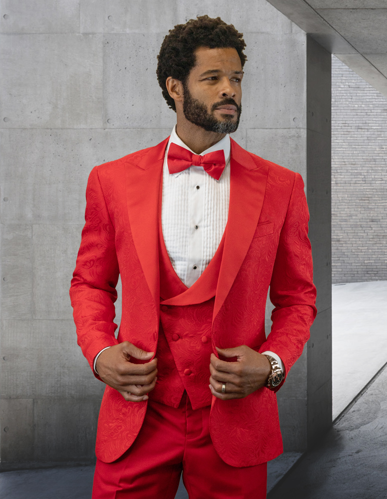 STATEMENT BELLAGIO-15 3PC TAILORED FIT 1 BUTTON MENS RED TUXEDO PEAK LAPEL SUPER 150'S EXTRA FINE ITALIAN FABRIC INCLUDING BOW TIE