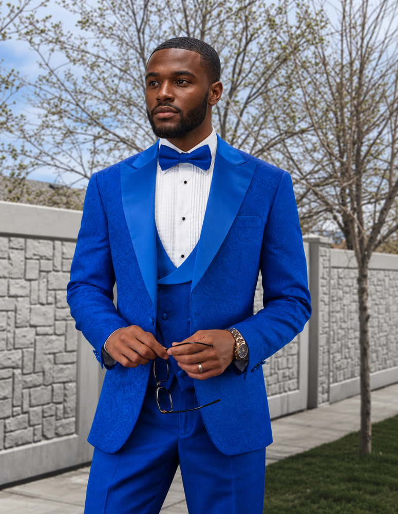 STATEMENT BELLAGIO-15 3PC TAILORED FIT 1 BUTTON MENS ROYAL TUXEDO PEAK LAPEL SUPER 150'S EXTRA FINE ITALIAN FABRIC  INCLUDING BOW TIE  