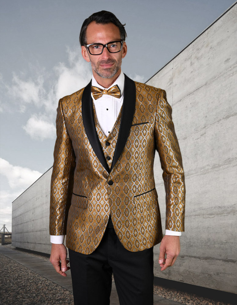 STATEMENT BELAGIO21-GOLD TAILORED 3PC 1 BUTTON MENS GOLD TUXEDO WITH SHAWL LAPEL SUPER 150'S EXTRA FINE ITALIAN FABRIC  