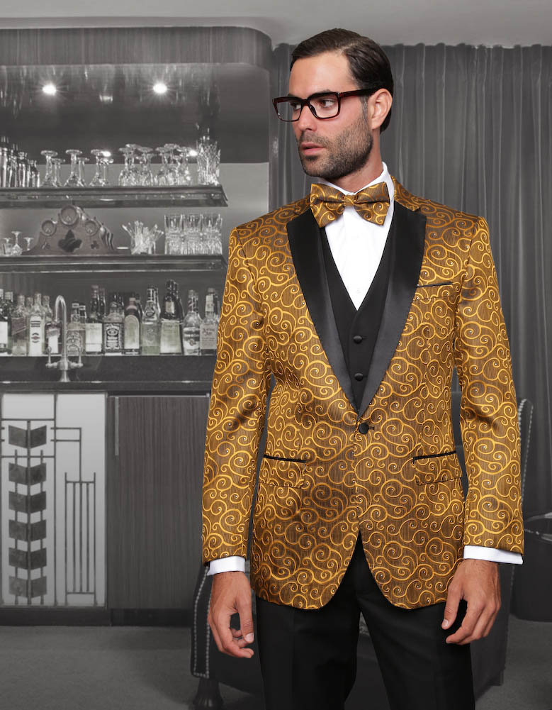 BELLAGIO CLASSIC 3PC 1 BUTTON MENS GOLD SUIT WITH TRIM ON THE COLLAR SUPER 150'S EXTRA FINE ITALIAN FABRIC 