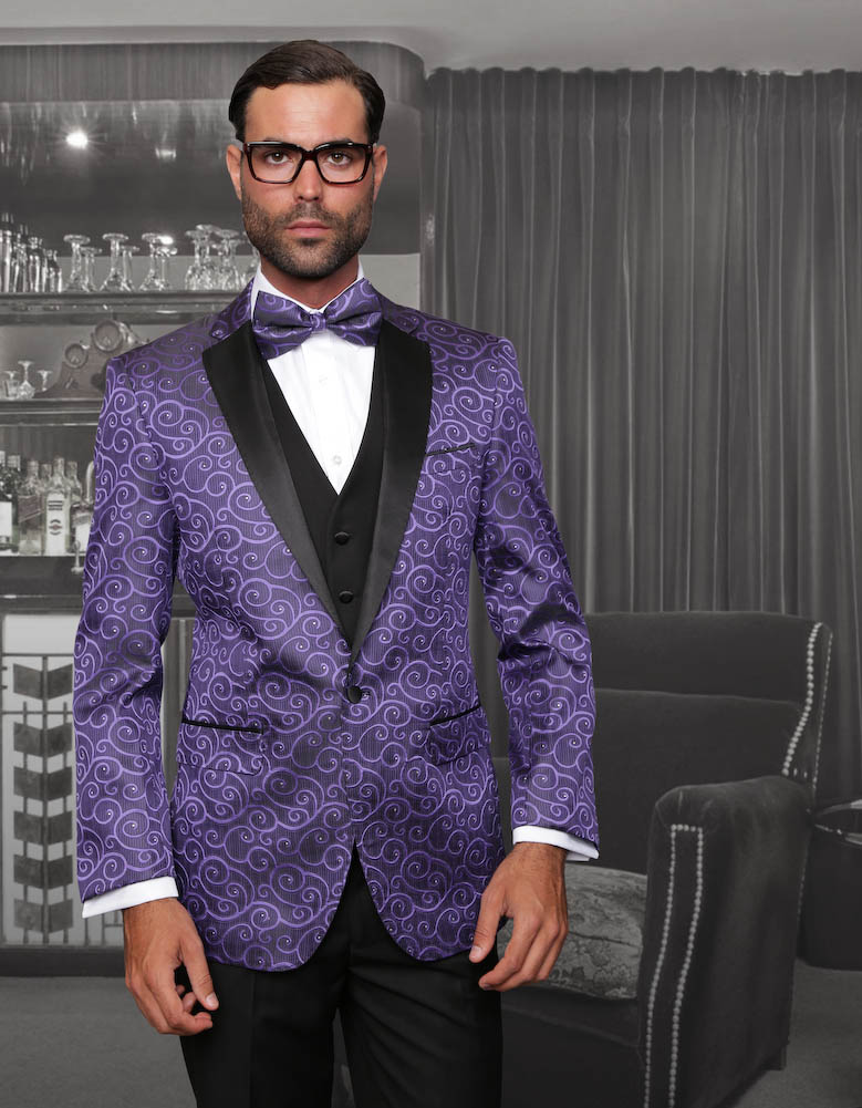 BELLAGIO CLASSIC 3PC 1 BUTTON MENS PURPLE SUIT WITH TRIM ON THE COLLAR SUPER 150'S EXTRA FINE ITALIAN FABRIC 