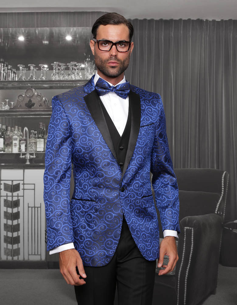 BELLAGIO CLASSIC 3PC 1 BUTTON MENS ROYAL SUIT WITH TRIM ON THE COLLAR SUPER 150'S EXTRA FINE ITALIAN FABRIC 