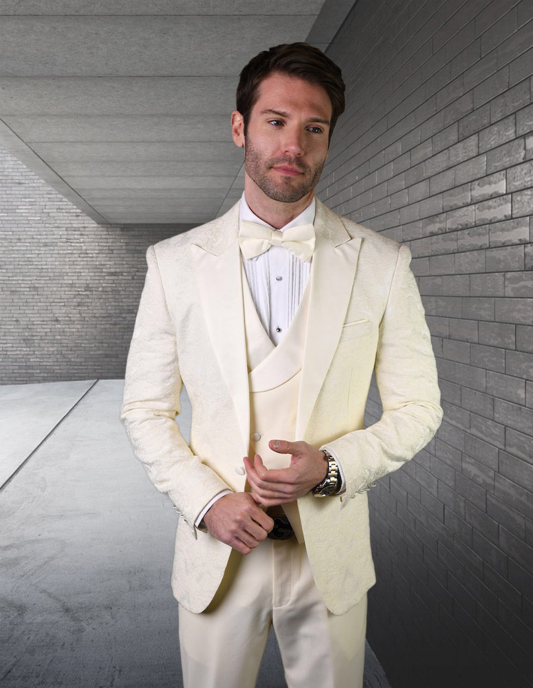 STATEMENT BELLAGIO-15 3PC TAILORED FIT 1 BUTTON MENS OFFWHITE TUXEDO WITH PEAK LAPEL SUPER 150'S EXTRA FINE ITALIAN FABRIC INCLUDING BOW TIE     
