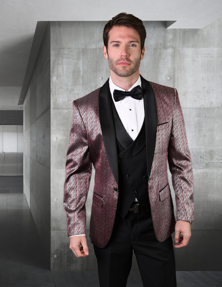 STATEMENT BELLAGIO-16 3PC TAILORED FIT 1 BUTTON MENS BURGUNDY TUXEDO WITH SHAWL LAPEL SUPER 150'S EXTRA FINE ITALIAN FABRIC        