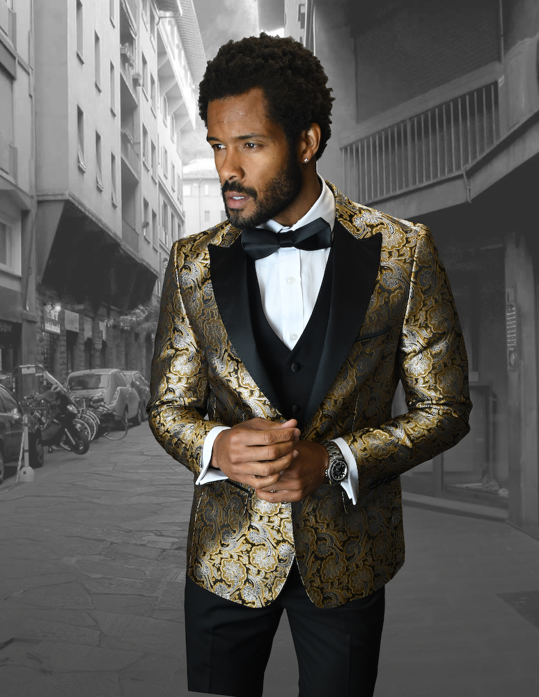 Bellagio-4 GOLD CLASSIC 3PC 1 BUTTON MENS SUIT WITH TRIM ON THE COLLAR SUPER 150'S EXTRA FINE ITALIAN FABRIC 