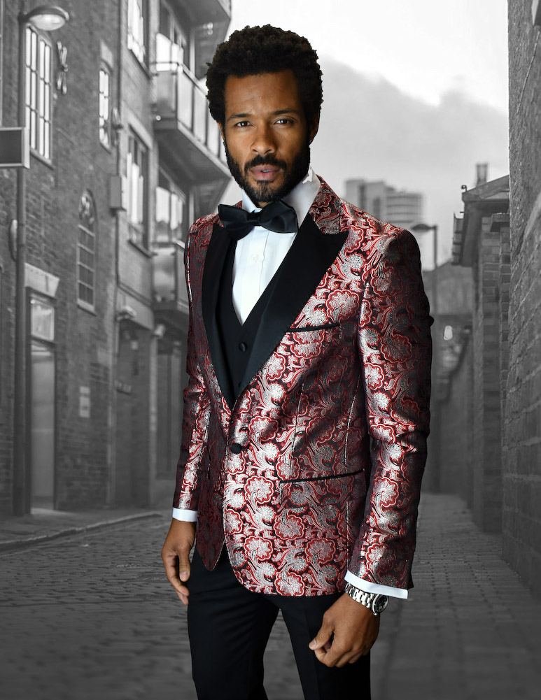Bellagio-4 CLASSIC RED 3PC 1 BUTTON MENS SUIT WITH TRIM ON THE COLLAR SUPER 150'S EXTRA FINE ITALIAN FABRIC INCLUDING BOW TIE