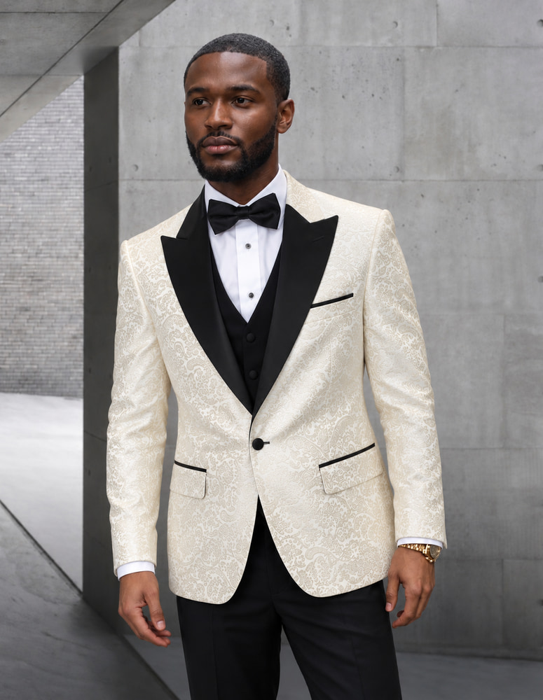 BELLAGIO-4-OFFWHITE CLASSIC 3PC 1 BUTTON MENS SUIT WITH TRIM ON THE COLLAR SUPER 150'S EXTRA FINE ITALIAN FABRIC 