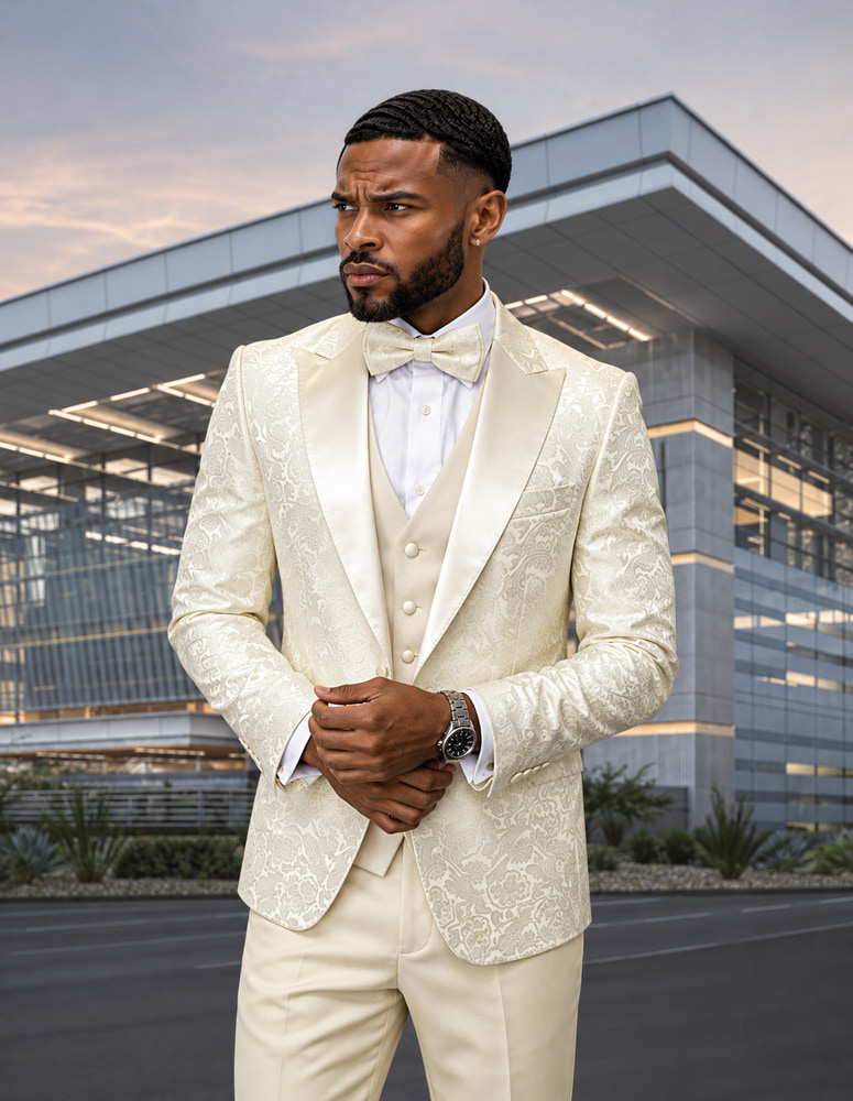Bellagio-4 OFF WHITE WITH OFFWHITE SATIN LAPEL CLASSIC 3PC 1 BUTTON MENS SUIT WITH TRIM ON THE COLLAR SUPER 150'S EXTRA FINE ITALIAN FABRIC INCLUDING BOW TIE