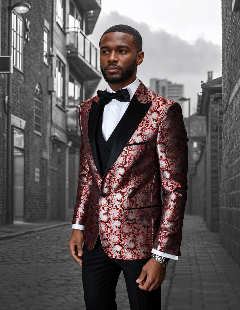 Bellagio-4 CLASSIC RED 3PC 1 BUTTON MENS SUIT WITH TRIM ON THE COLLAR SUPER 150'S EXTRA FINE ITALIAN FABRIC INCLUDING BOW TIE
