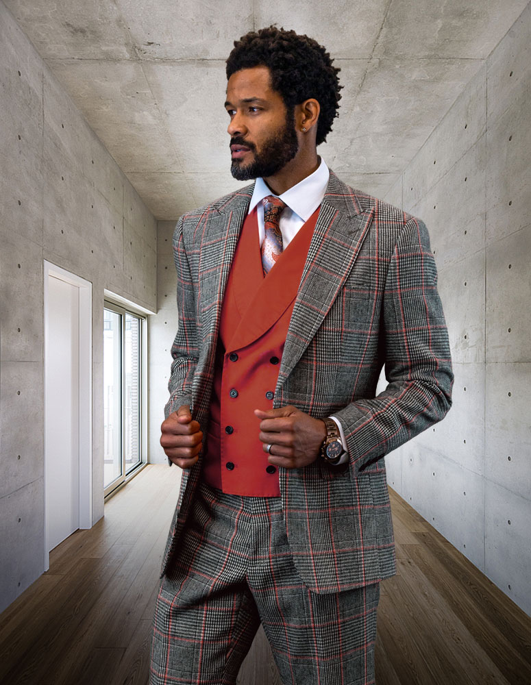 STATEMENT 3PC  PLAID SUIT WITH MATCHING COPPER VEST TAILORED FIT FLAT FRONT PANTS HAND MADE SUPER 150'S ITALIAN FABRIC