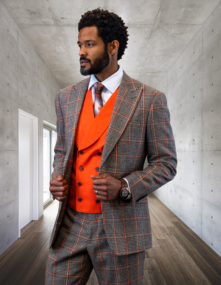 STATEMENT 3PC  PLAID SUIT WITH MATCHING CORAL VEST TAILORED FIT FLAT FRONT PANTS HAND MADE SUPER 150'S ITALIAN FABRIC 
