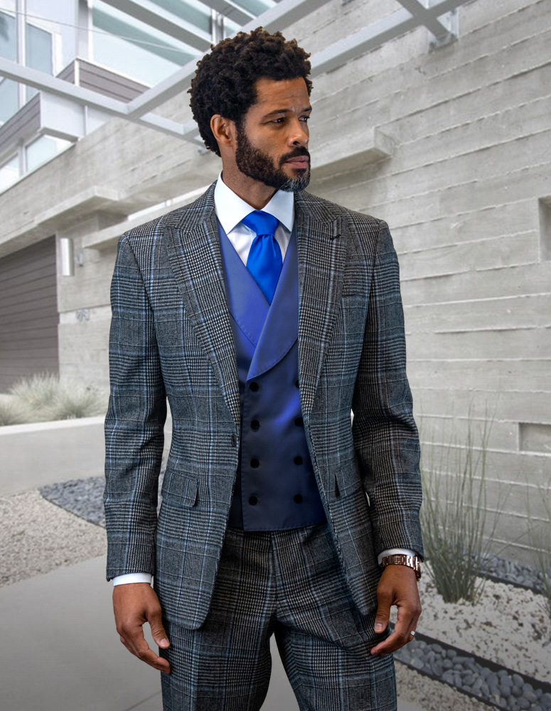 STATEMENT 3PC  PLAID SUIT WITH MATCHING INDIGO VEST TAILORED FIT FLAT FRONT PANTS HAND MADE SUPER 150'S ITALIAN FABRIC